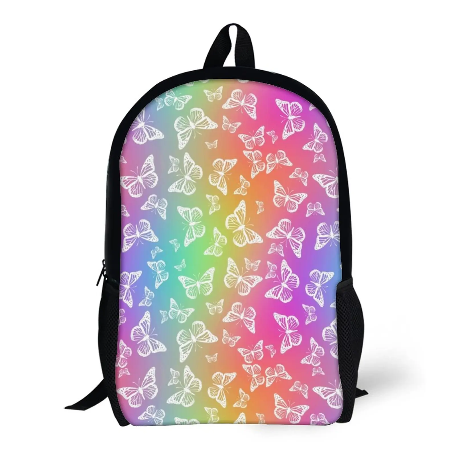 Witte Vlinder Schooltas Regenboogprint Tiener Kids Rugzakken Jongen Meisje Kleurrijk Patroon Student Schooltassen Casual Rugzak