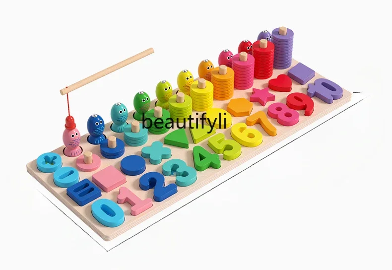 Baby educational toys wooden fishing, early childhood board baby children digital shape building block pairing