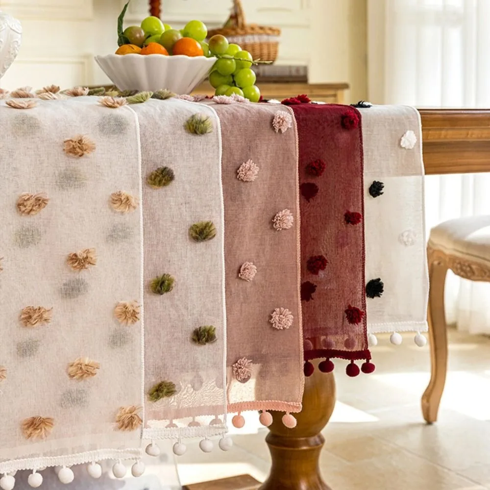 INS Style Nordic Style Lace Table Runner with 3D Pom-poms Rectangular Dining Table Cloth French-style Gauze Table Linen Party