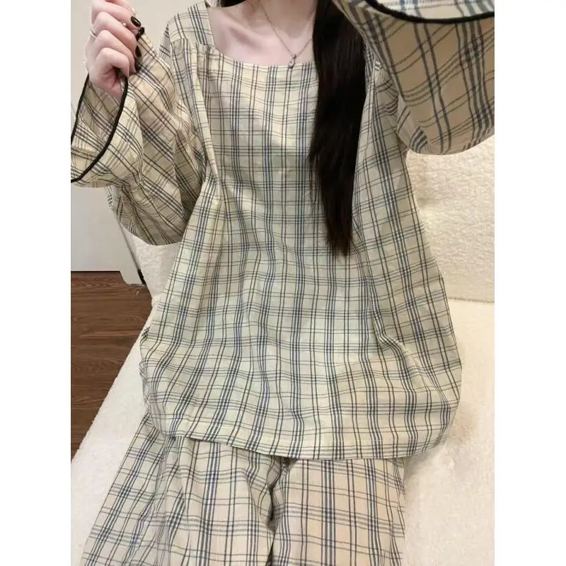 

Женский пижамный комплект: модная домашняя одежда с длинным рукавом, с рюшами, в клетку, осенний, мягкий, удобный, дышащий