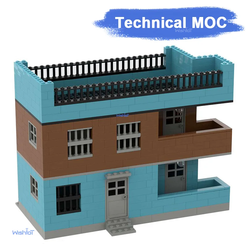 565 elementów Modułowy Domek MOC Architektura Klocki Konstrukcyjne Widok Ulicy Miejskiej Niebiesko-Brązowe Cegły do Mieszkania DIY Edukacyjne Budowanie