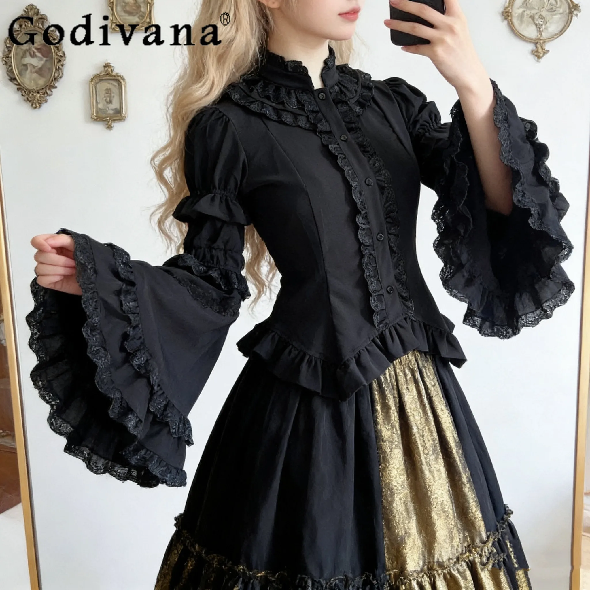 

Gothic Lolita Black Shirt for Women Spring and Summer New Ladies Elegant Vintage Ji Sleeve Shirt Female Blouses Tops Mujer 2026