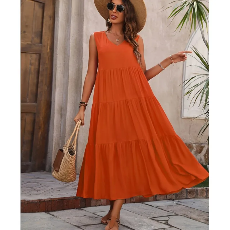 Solid Color Sleeveless Women's Long Dress Elegant Holiday V-neck Pullover Layered Patchwork Hem Loose Cake Dress New Style 2025