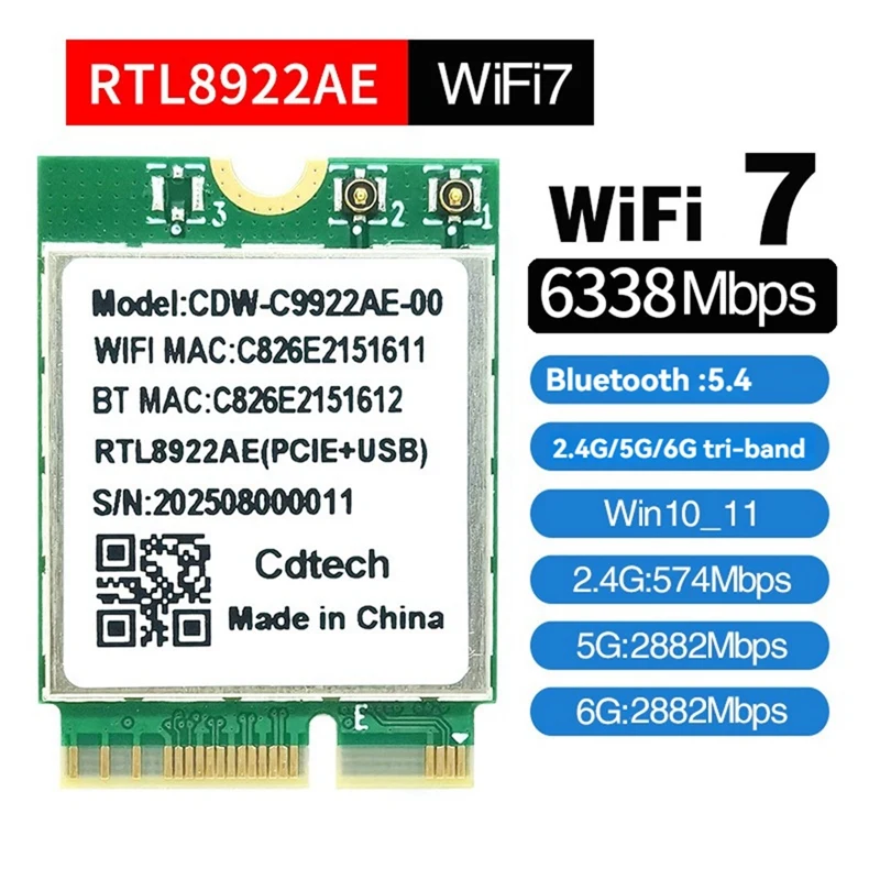 RTL8922AE WiFi7 Card+8DB Antenna 2.4G/5G/6G Tri-Band 6338Mbps Wireless Network Card Bluetooth 5.4 for Win10/Win11