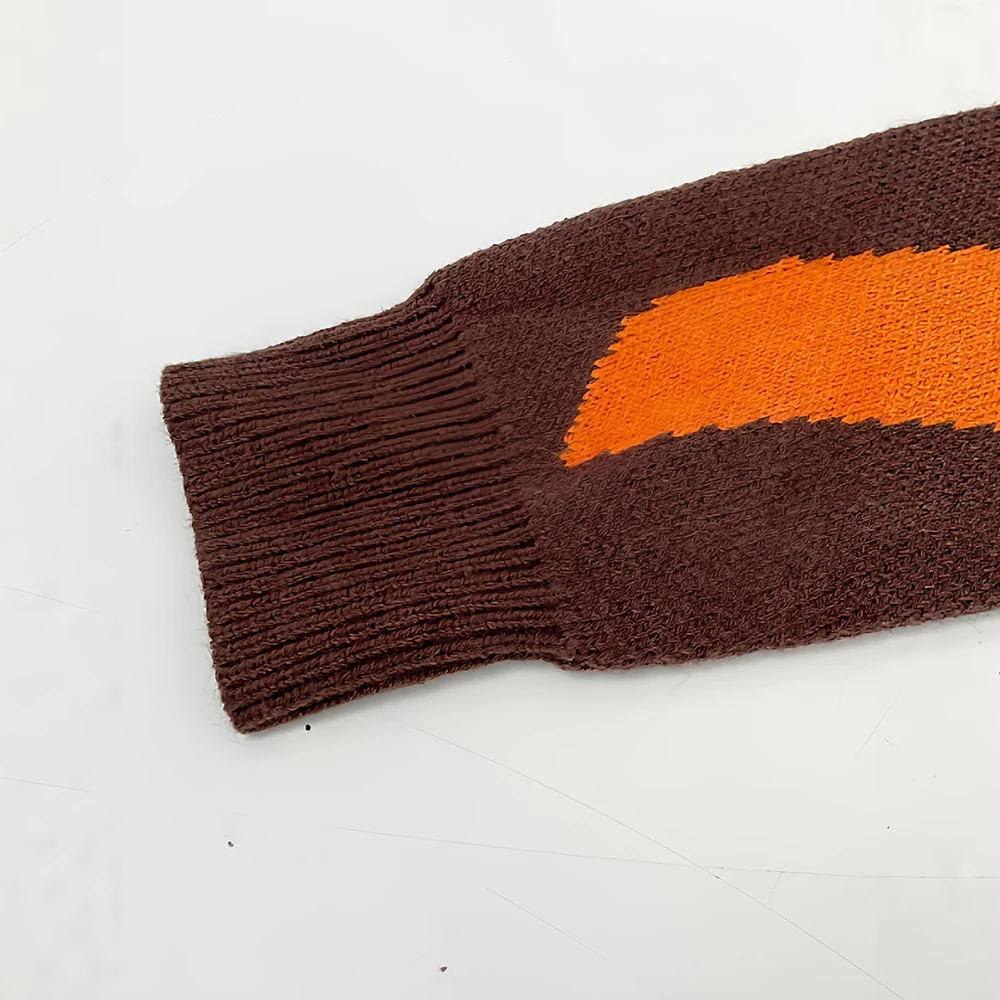 Damski sweter w stylu retro, kawaowo-pomarańczowy, kontrastowy, dzianinowy, z falistym wzorem żakardowym, luźny, w stylu lazy street, modny strój.