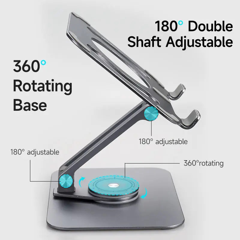 Suporte ajustável de alumínio para tablet e notebook com base giratória 360, dissipação de calor, suporte portátil para telefone, laptop e tablet