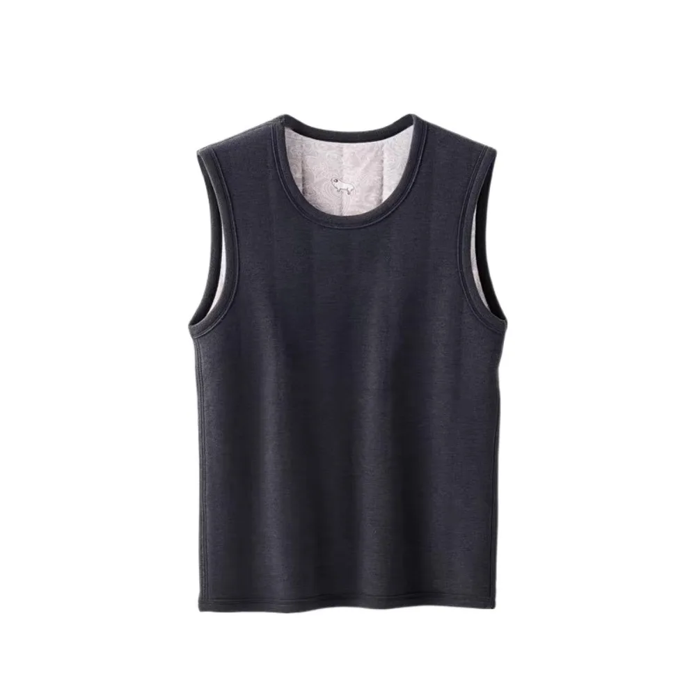 

Casual Sleeveless Men's Velvet Vest Thicken Top Round Neck Warm Base Wool Vest Plus Size Solid Color Winter Thermal Vest Male
