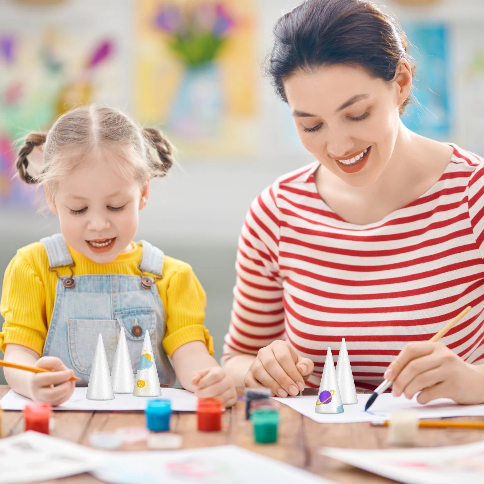 

DIY Foam Craft Cones 12pcs 10cm White Childrens Ornament Set for Home Decor Kids Art Projects