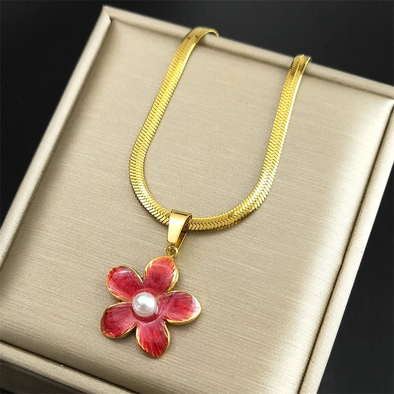 Korean Fashion Rosa Sakura Emaille Blume Perle Halskette Halsband für Frauen Edelstahl Gold Farbe Halsketten Schmuck NZZZ407S04 – Detail 6