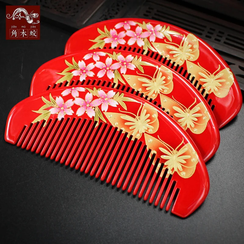 Hand-painted craft comb made of hornbeam and boxwood Massage and hairdressing gift floral comb