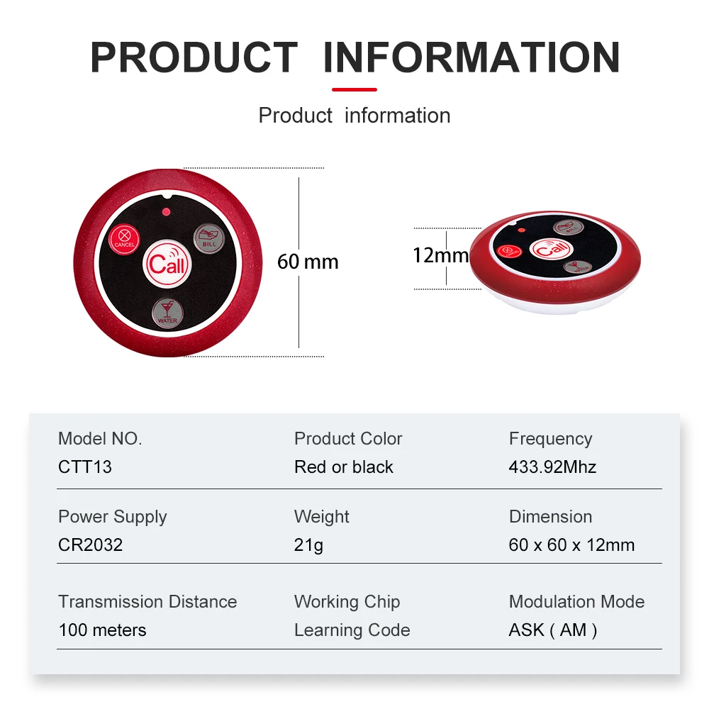 JINGLE BELLS 10 Customer Table Call Buttons Wireless Calling System Transmitter for Restaurants Hotel Cafe Hospital Paging Pager