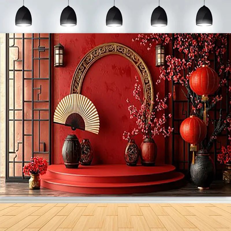 

Elegant Chinese New Year Decor Photography Backdrops Red Lanterns Flowers Decorated Spring Festive Photo Background DL-03