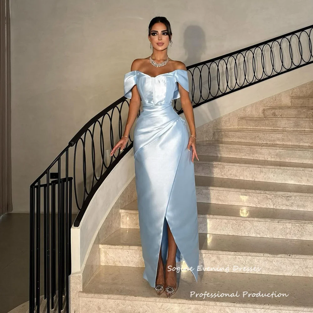 

Off Shoulder Satin Customized Evening Dresses With Slit Empire Waist Ruched Cocktail Dress Straight فساتين سهرة Gowns