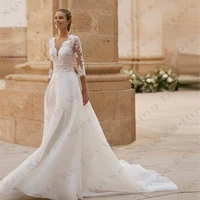 Vestidos de novia elegantes con cuello en V para mujer, apliques de encaje, manga larga, corte en A, vestidos de novia formales para fiesta en la playa, invitados de bienvenida