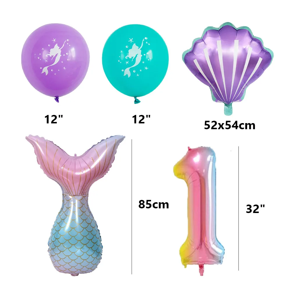 7pcs/lot Rainbow Number Foil Balloons Mermaid Latex Balloon Mermaid Tail Globos Birthday Party Decorations Anniversary Decor