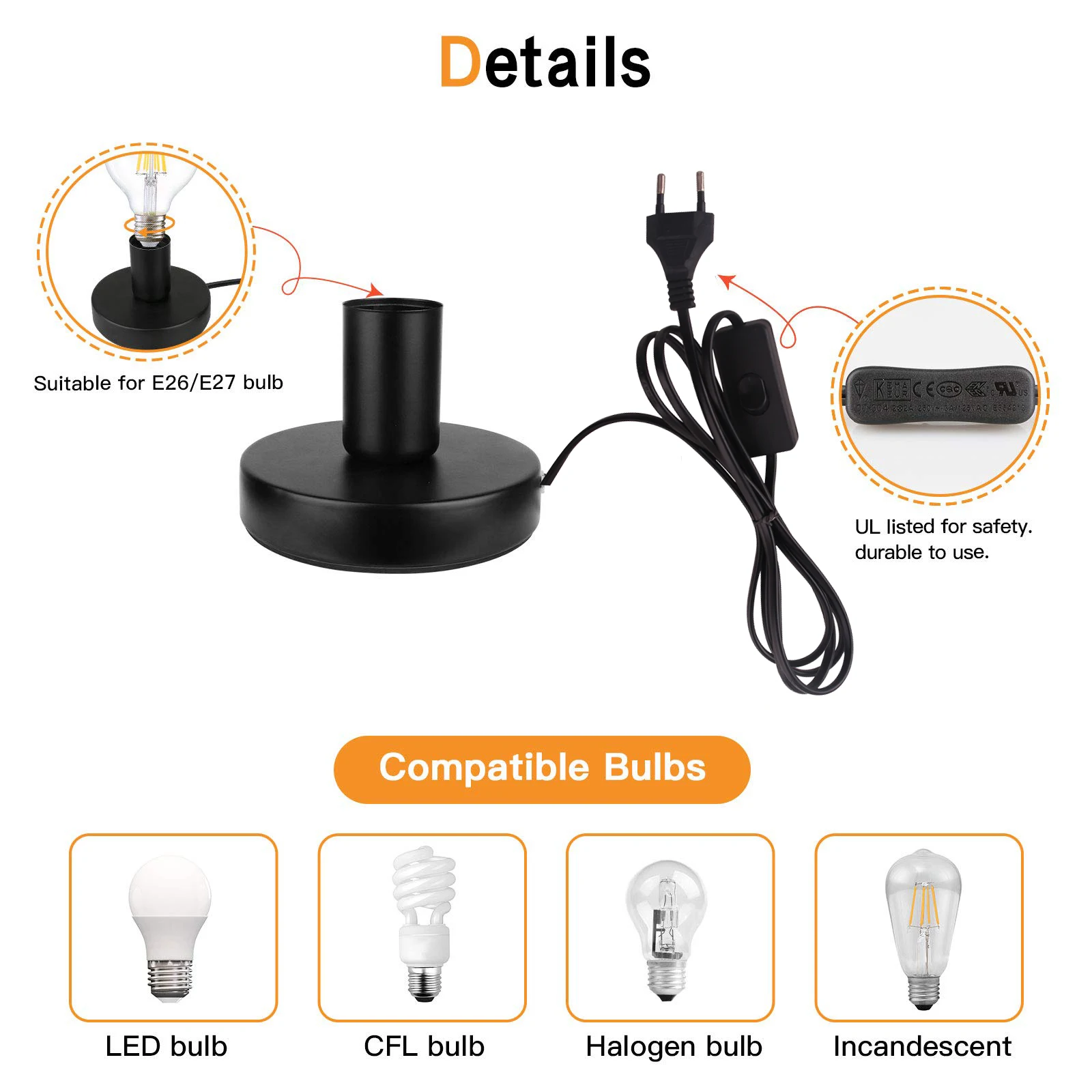 Polished Metal Table Lamp Base EU Plug 220V 1.8cm Cord E26 E27 Vintage Desktop Night Light for Bedroom Living Room Decoration