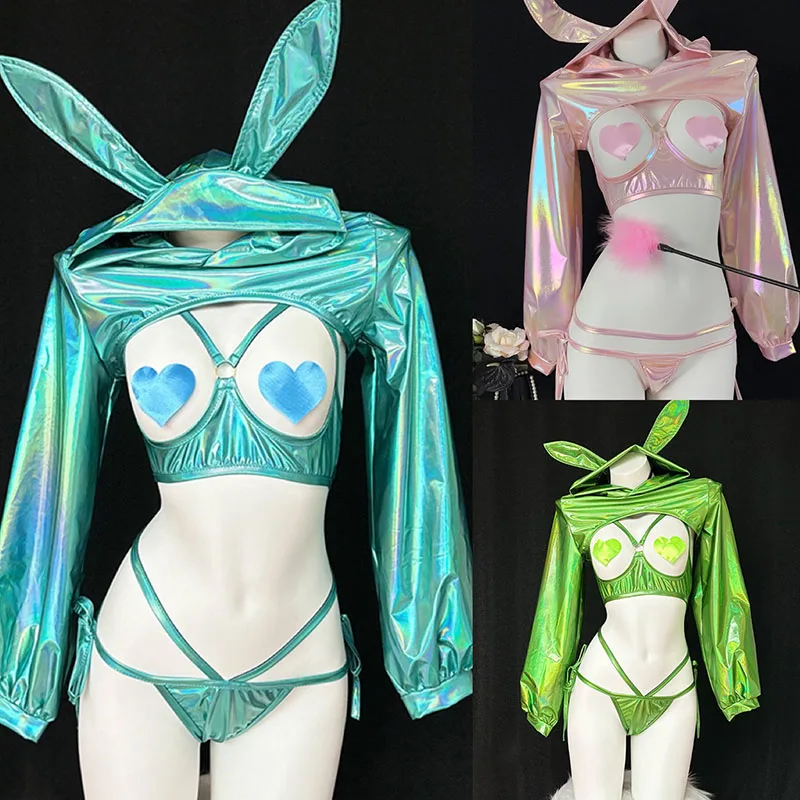 

Аниме милый кролик костюмы для девочек косплей женский сексуальный лазерный боди с капюшоном наряды Kawaii кроличьи уши униформа комплект бикини ночная рубашка