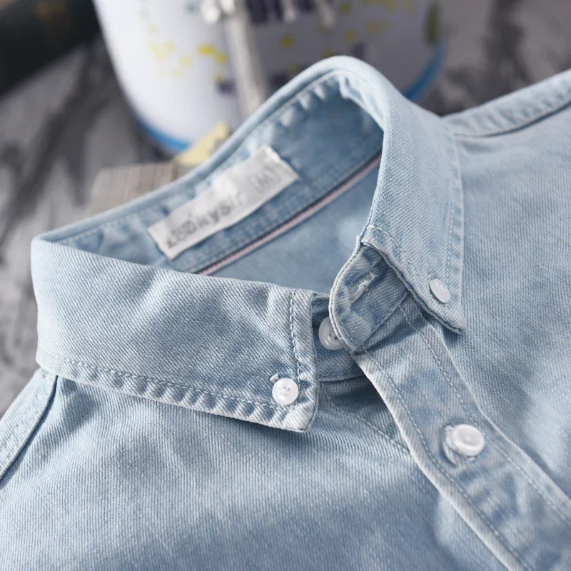 100% Cotton Autumn New Long-sleeved Denim Shirt Men Fashion Casual High Street Male Clothes Top Classic Light Blue Black Gray