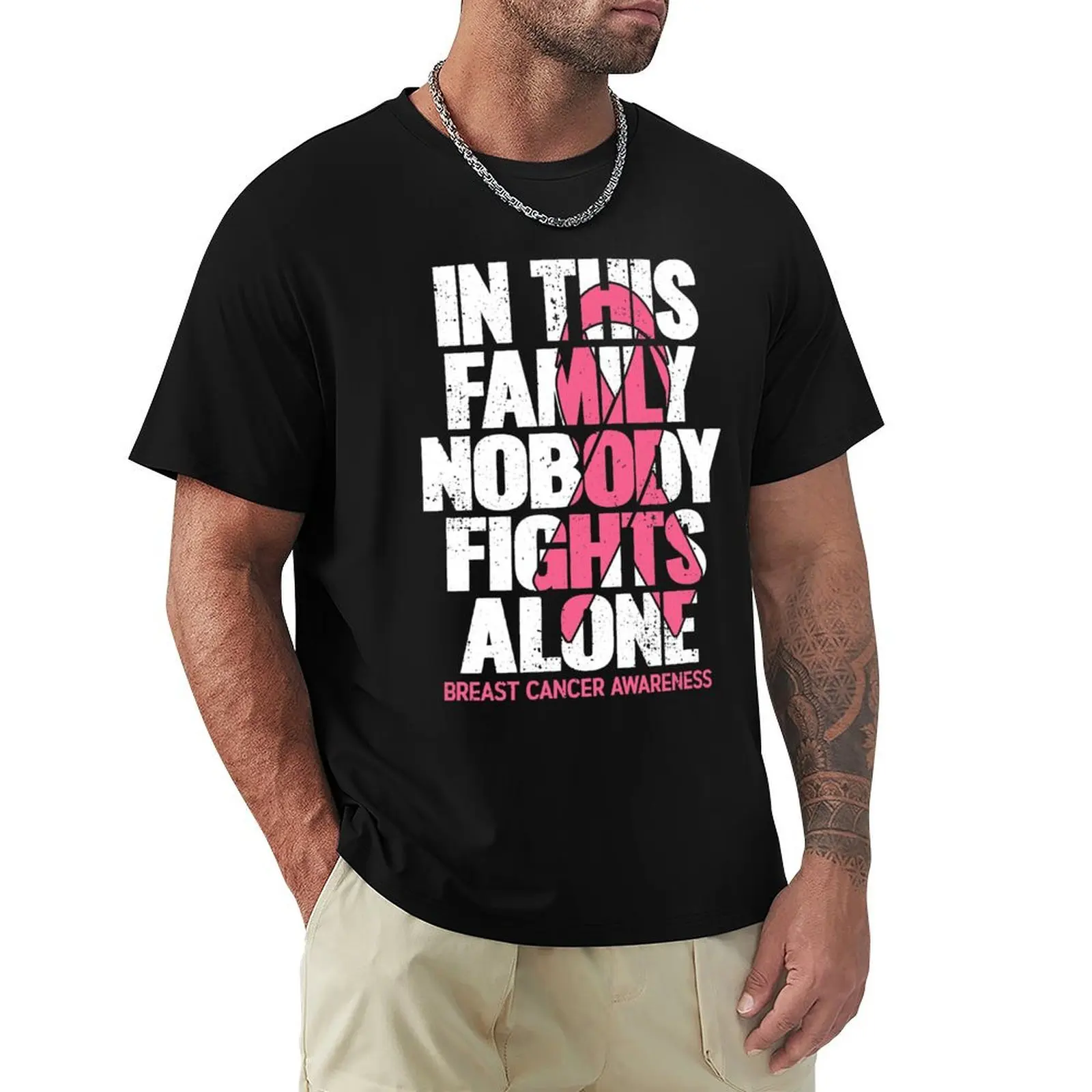 In This Family Nobody Fights Alone Breast Cancer Awareness T-Shirt hippie clothes cotton man t-shirts for a boy anime shirts men