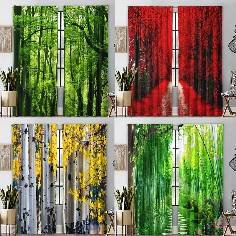 

2pcs Curtains With Various Colors Featuring Unique And Creative Patterns Of Tree Forests 3D Digital Print Curtain For Bedroom