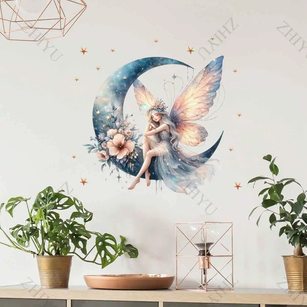 ZHIYU كارتون ذاتية اللصق خلفية الأزرق التدرج فراشة قزم الجلوس على زهرة القمر مع نجمة الجدار ملصق الديكور غرفة نوم #3