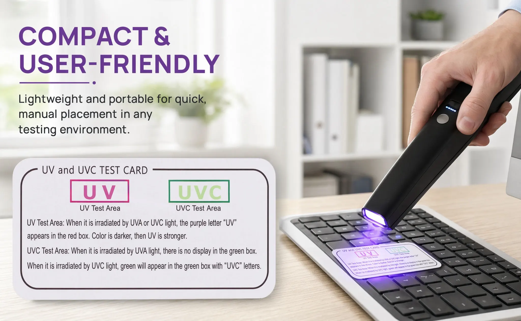 5 cartes de test pour lampes UV, cartes de détection UVC-UVA, utilisation facile, résultats instantanés, bandes de test pour la validation des lampes germicides d’intérieur.