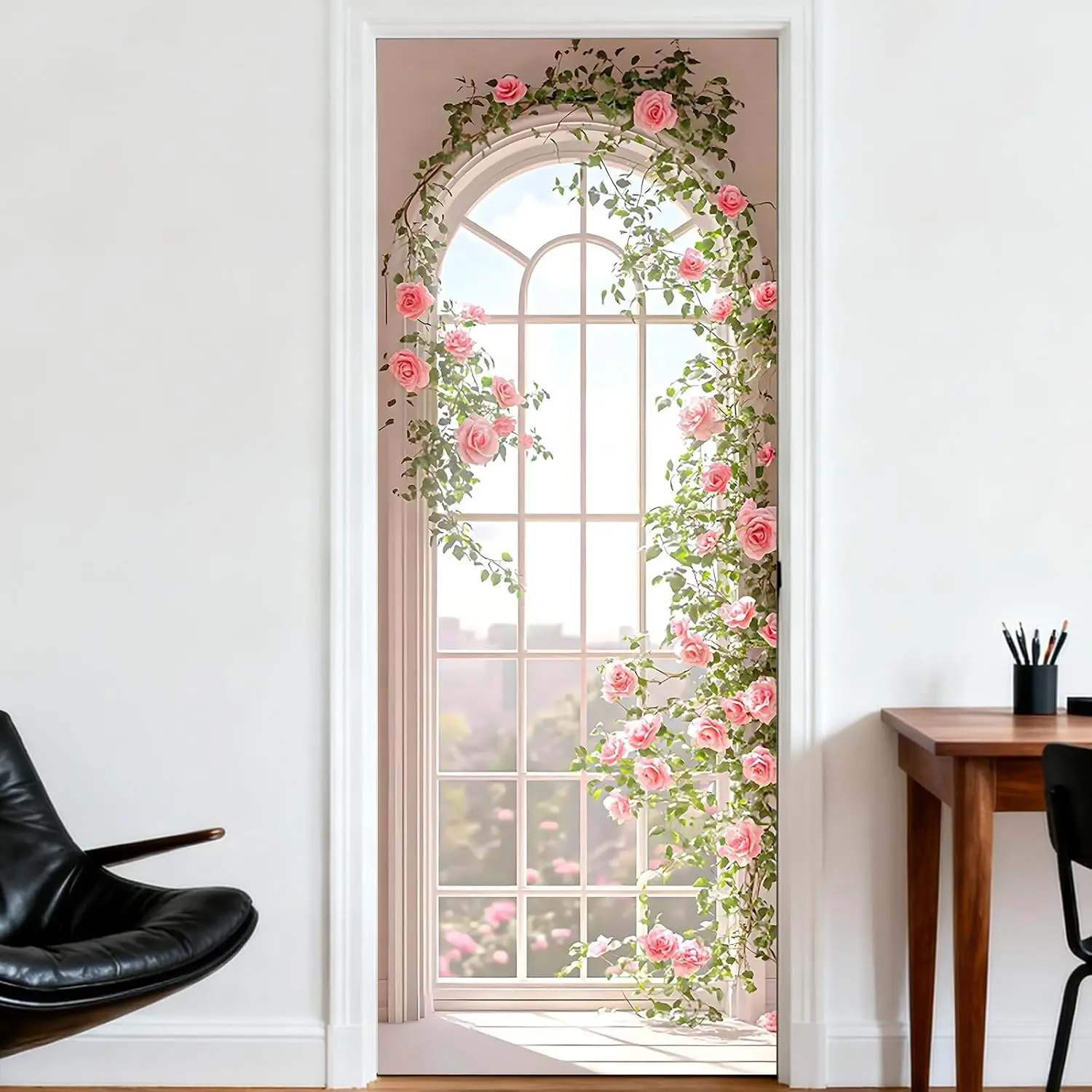 3D Arch Window Pink Rose Vine Door Sticker Self Adhesive Removable Waterproof Vinyl Wallpaper Home