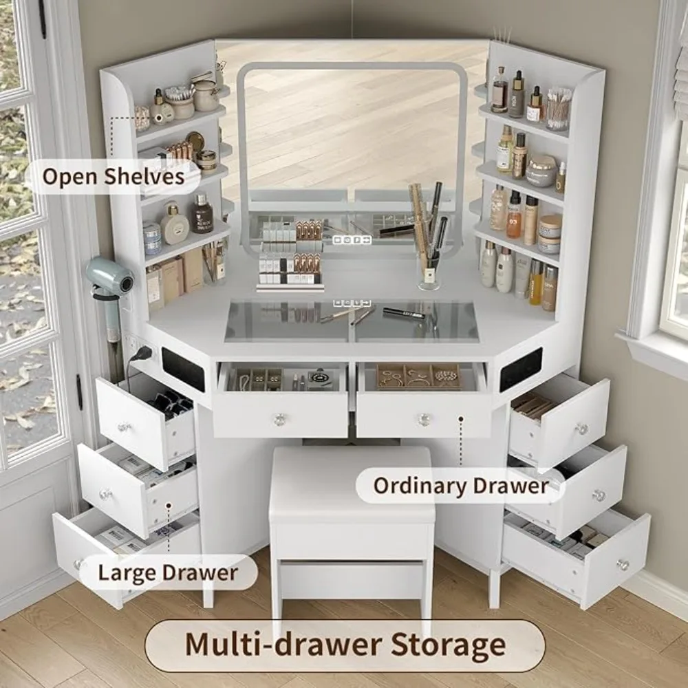 Corner Vanity Desk with Bluetooth Speaker, 8 Drawers & 6 Shelves, Modern Vanity with Mirror and Lights, Makeup Vanity with Glass image 5