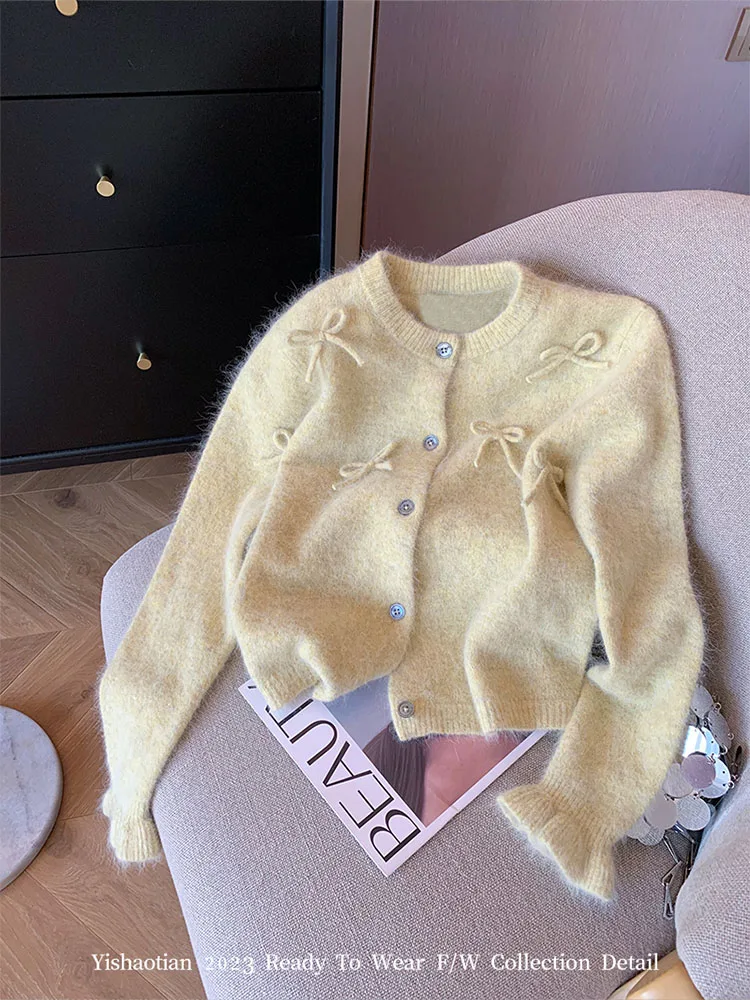 2023 Autumn Winter Women Knitted Cardigans Loose Japanese Preppy Style Sweet Bow Sweater Oversize Yellow Jumper 2000s Aesthetic