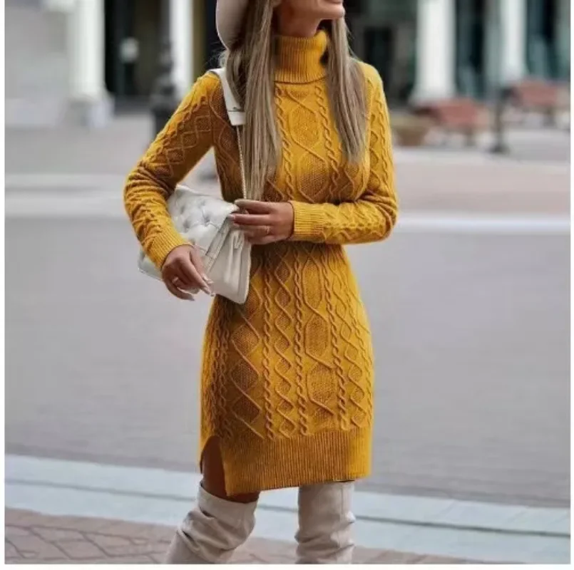 2024 Autumn Winter New Women\'s Knitted Wrap Hip Skirt High Neck Warm and Thickened Elegant Knitted Sweater Long Sleeve Dress