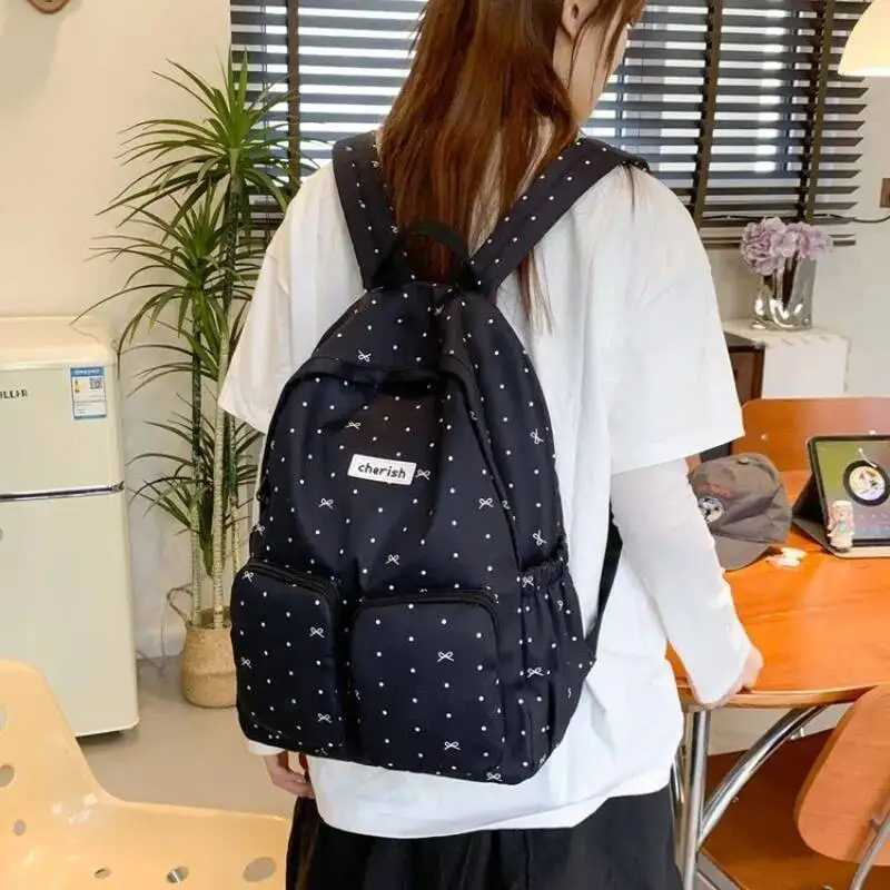 Japanese Kawaii Bow Sweet Dot Preppy Backpack Fashion Y2k Pockets Backpacks All Match Students Simple Schoolbags High-Capacity