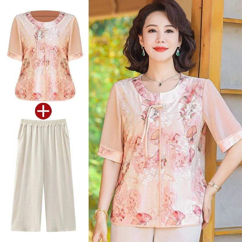 

Middle Age Mother Summer Sets New Fake Two Pieces Chiffon Shirts Short Sleeve T-shirt Women Blouse Blusa Female Print Tops 2PCS