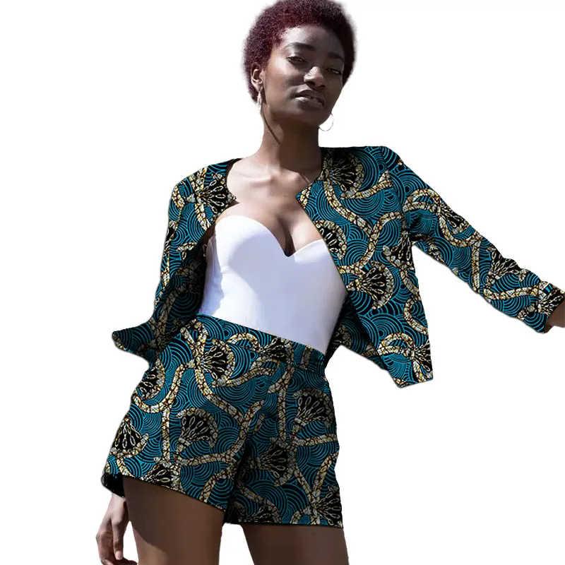 

Оригинальный дизайн, женские модные костюмы в африканском стиле от кутюр с принтом, куртка без воротника и шорты, наряды Анкары на заказ