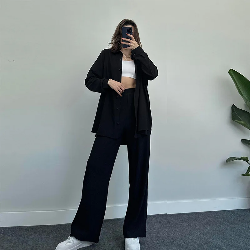 

2 Piece Women Sets 2023 New Temperament Women's Clothing Solid Long Sleeved Shirt Jacket Wide Leg Pants Casual Two-piece Set