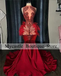 Luxury Red Crystal Beads Feather Prom Dresses 2024 For Black Girls Mermaid Graduation Party Gowns Formal Evening Dresses