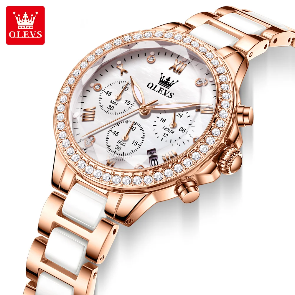 

OLEVS 9999 Женские кварцевые часы с керамическим ремешком, элегантные женские часы, многофункциональные наручные часы с бриллиантовым циферблатом