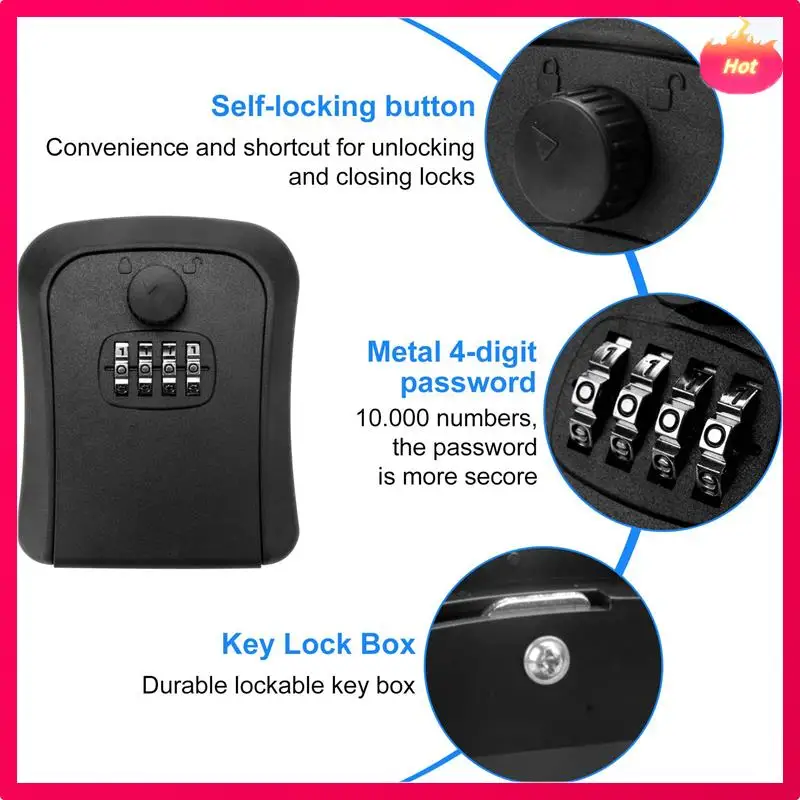 

Key Lock Box, Wall-Mounted Zinc Alloy Key Box Weatherproof 4-Digit Combination Key Storage Lock Box