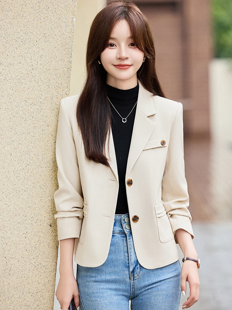 

Fashionable Short Women's Jacket in Beige Casual Versatile Spring Time Commute Style Polyester Fabric Long Sleeve