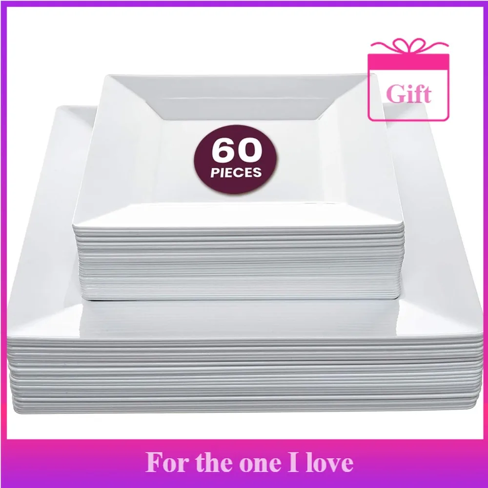 

60ct White Square Disposable Plates - Heavy Duty Plastic Party Plates for Christmas, Thanksgiving (30 Dinner & 30 Salad)