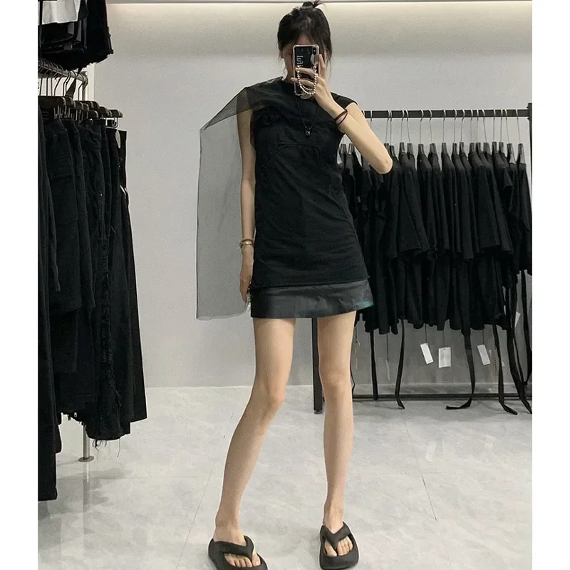 

Korean Fashion Rick Women's T-shirts 24ss Y2k Style Summer New In Black Ro Top Women Patchwork Mesh High Street Ownes T-Shirts