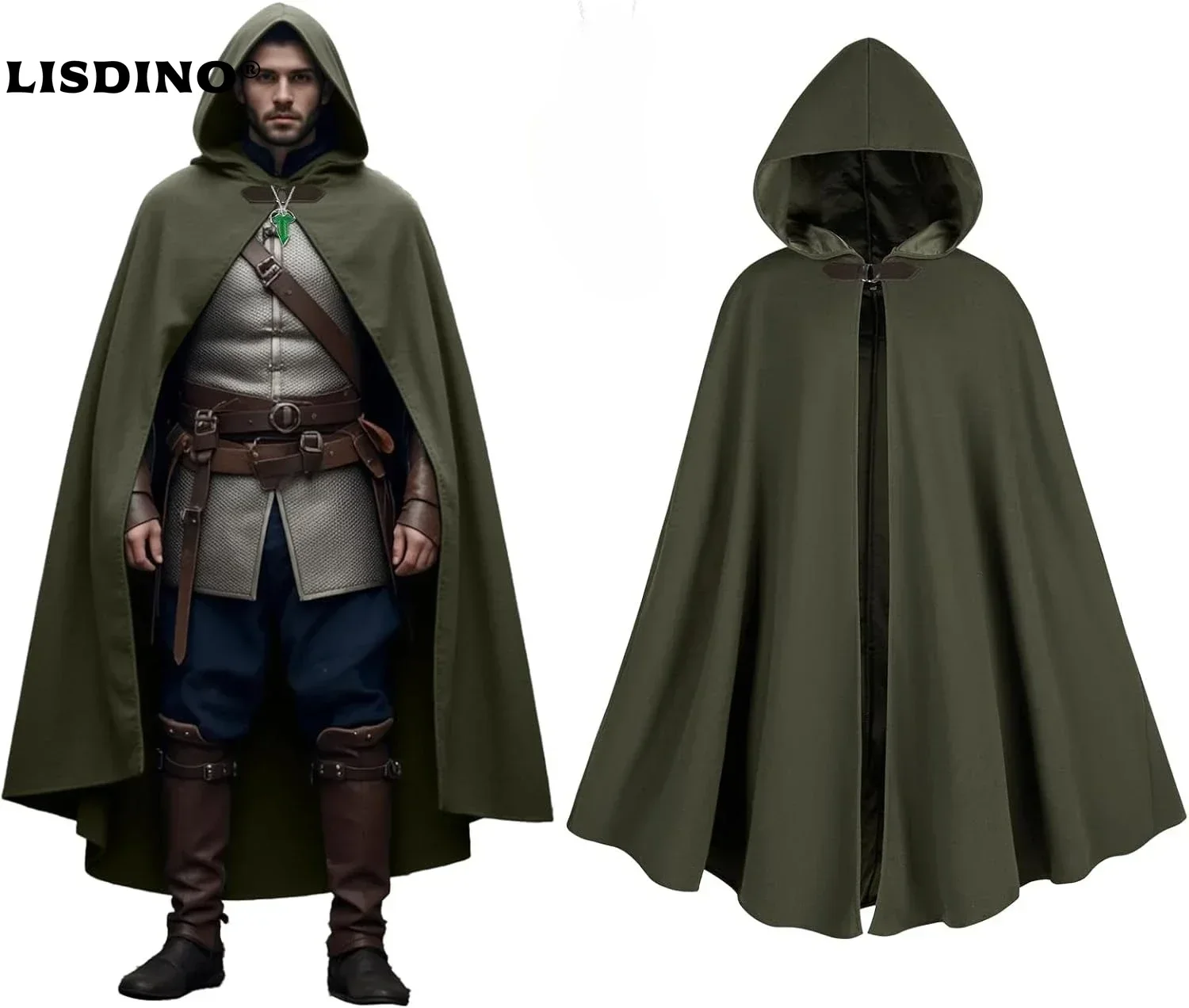 

Cloak With Hood Men，Medieval Costume Men Round Metal Buckle Cloak With Green Leaf Brooch Necklace For Halloween