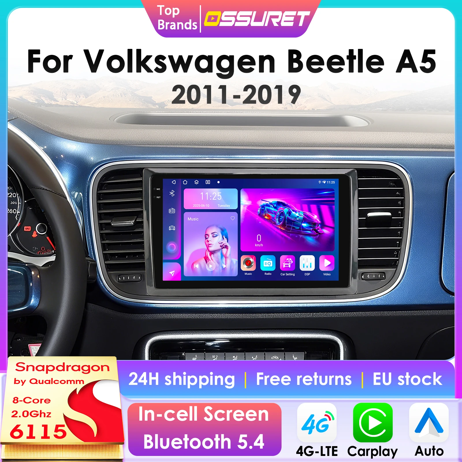 Autoradio Android con Telecamera a 360° per Volkswagen Beetle A5 2011-2019, Lettore Multimediale per Auto con CarPlay e Android Auto, Stereo 6115