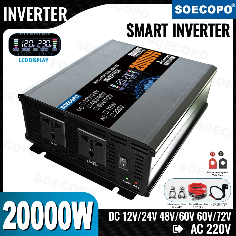 

SOECOPO 20000W Power Inverter 12V/24V 48V/60V 60V/72V to 220V Car Voltage Converter 2 Sockets Dual Voltage Input for Camping