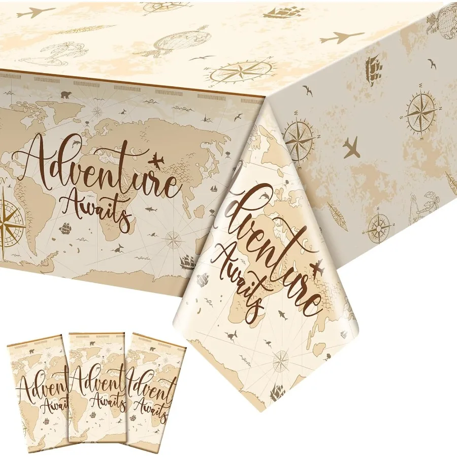 3 Pcs Adventure Awaits Tablecloth Travel Party Decorations Bon Voyage World Map Table Cloth Plastic Disposable Table Cover for