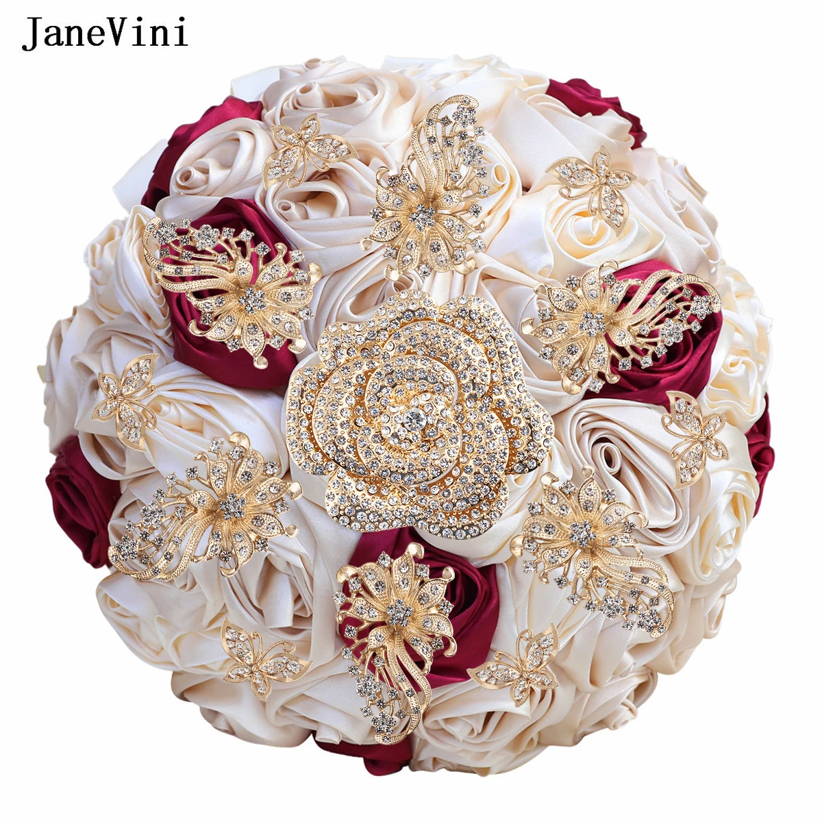 JaneVini-broche nupcial de albaricoque rojo oscuro, ramos de rosas doradas brillantes, diamantes de imitación, rosas artificiales de satén, ramo de flores de boda