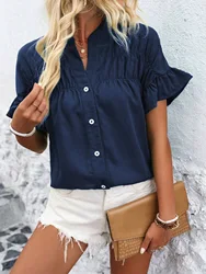 Women Button Solid Cotton Linen Blouses Summer 2025 Fashion Stand Up Short Sleeve Shirts Casual V-Neck Ruffles Office Lady Tops