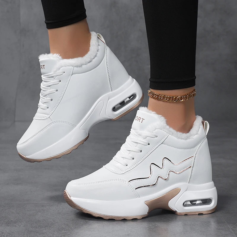 Zapatillas de deporte con cuña para mujer, plataforma con cojín de aire, zapatos informales con aumento interior, transpirables, blancos, aislamiento de terciopelo de invierno