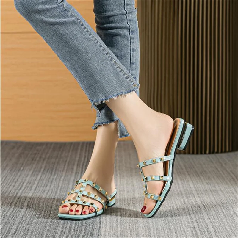 Summer Low Heel Women Rivets Sandals Thin Ribbon Fashion Korean Design Girls Shoes Large Size Wear Slippers Free Delivery