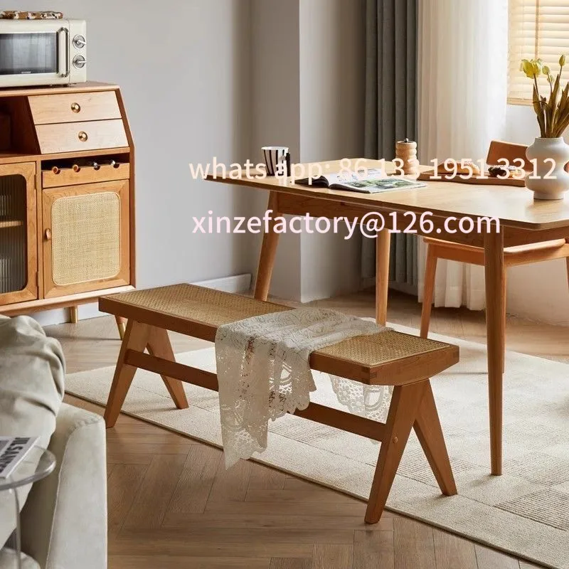 

Bench rattan bedside stool wabi design solid wood simple small apartment simple medieval Chandigarh three-person stool