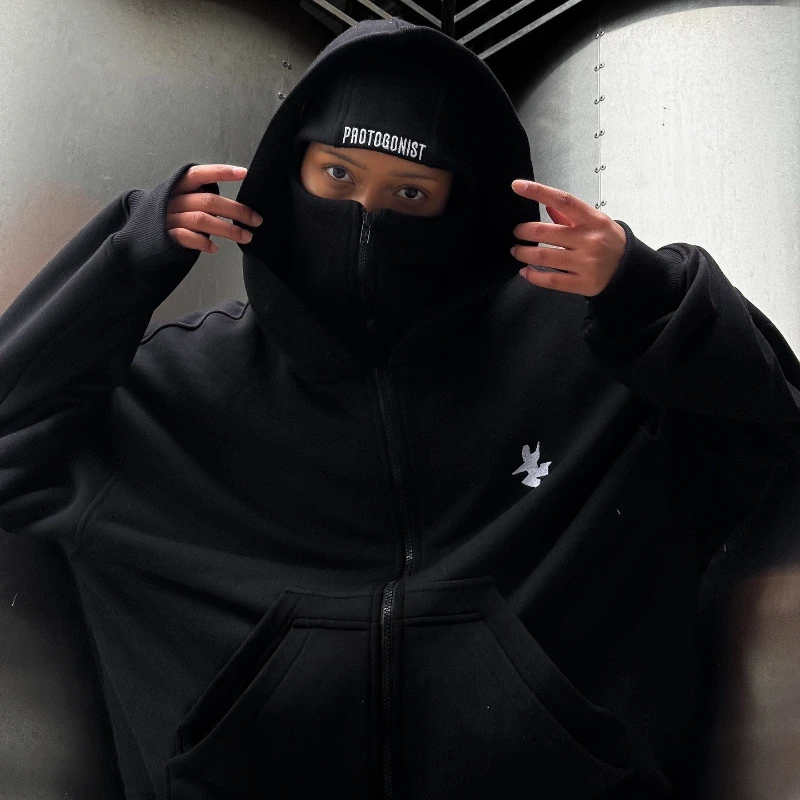 Y2k retro multi-color new double hat windproof and warm outdoor gothic hip-hop hoodie jacket with patchwork design sense hoodie